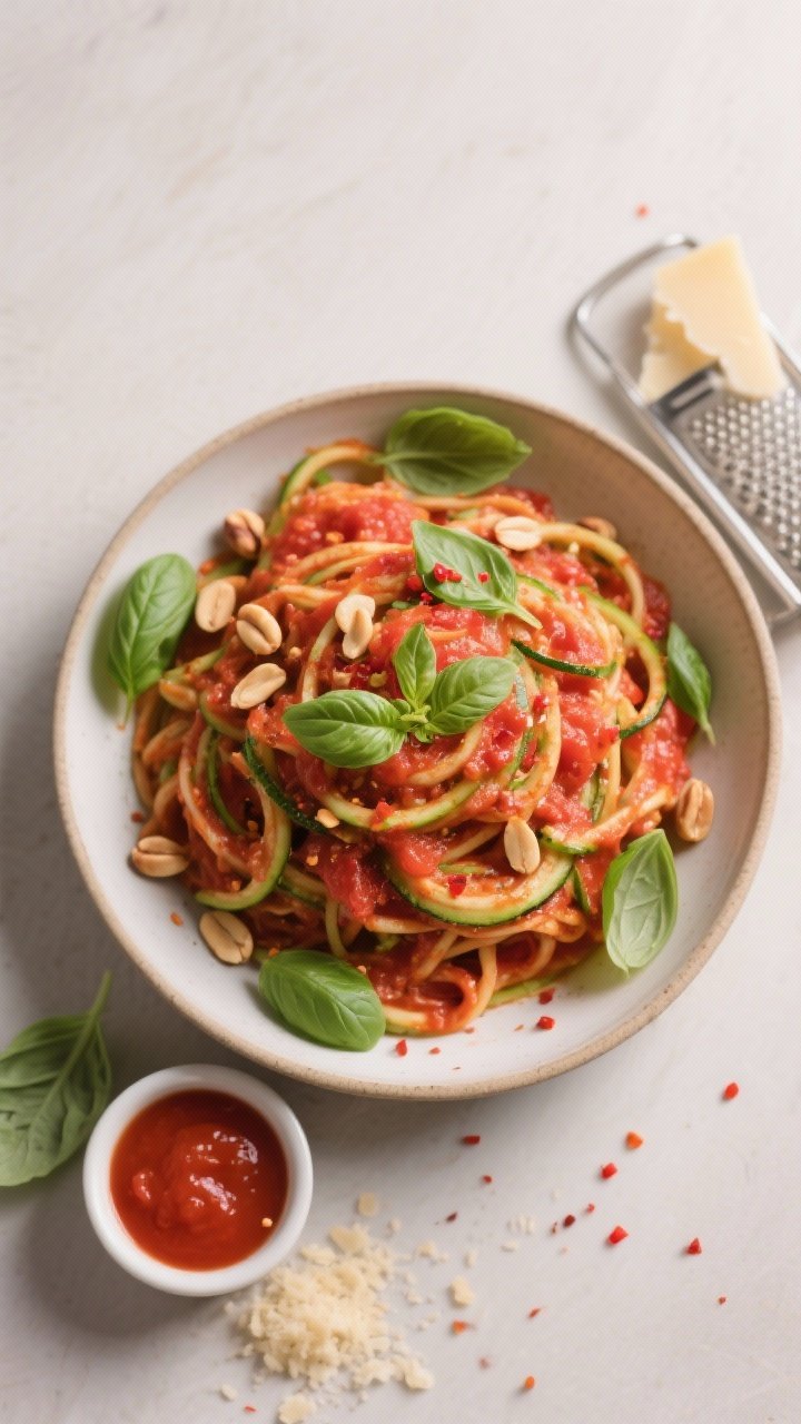 Overhead “tasty top view”: Top-down shot of a shallow bowl of zoodles coated evenly in tomato ba
