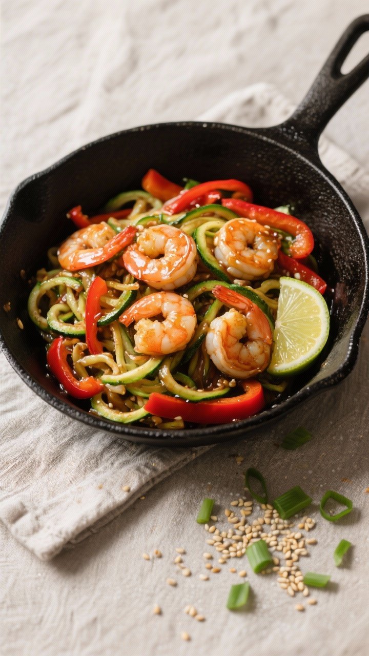 Overhead “tasty top view”: Top-down shot of the completed stir-fry in a black skillet, zoodles s