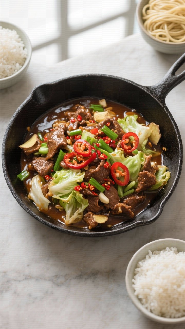 Overhead tasty top view: Top-down shot of the stir-fry served family-style in a shallow black skille