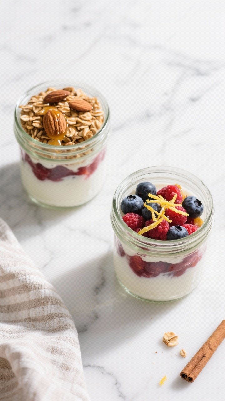 Overhead “tasty top view”: Two fully assembled breakfast jars without their lids, topped just be