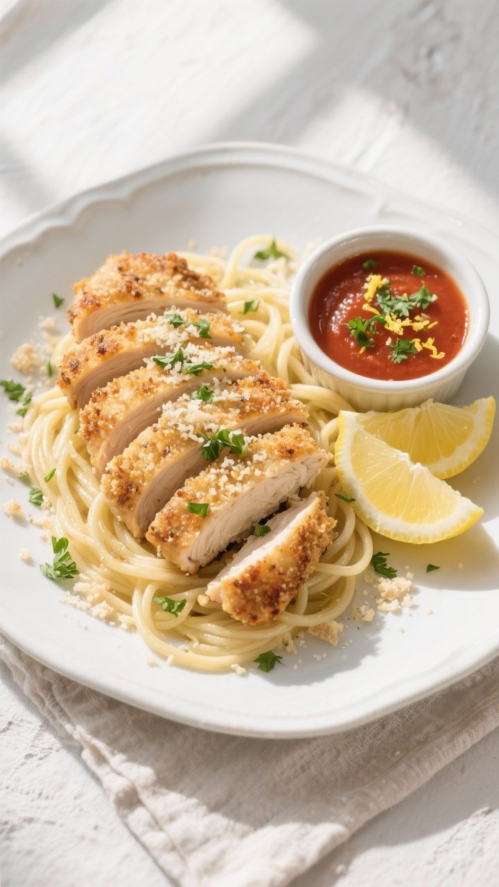 Overhead top-down shot of a weeknight plate: sliced Parmesan-crusted chicken fanned over simple butt
