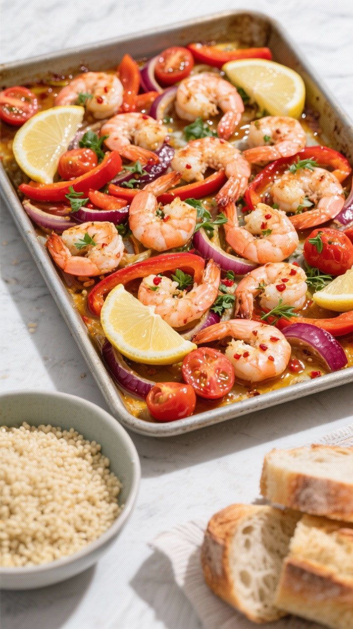 Overhead top-down shot of the final One-Pan Shrimp and Veggie Bake served family-style straight on t