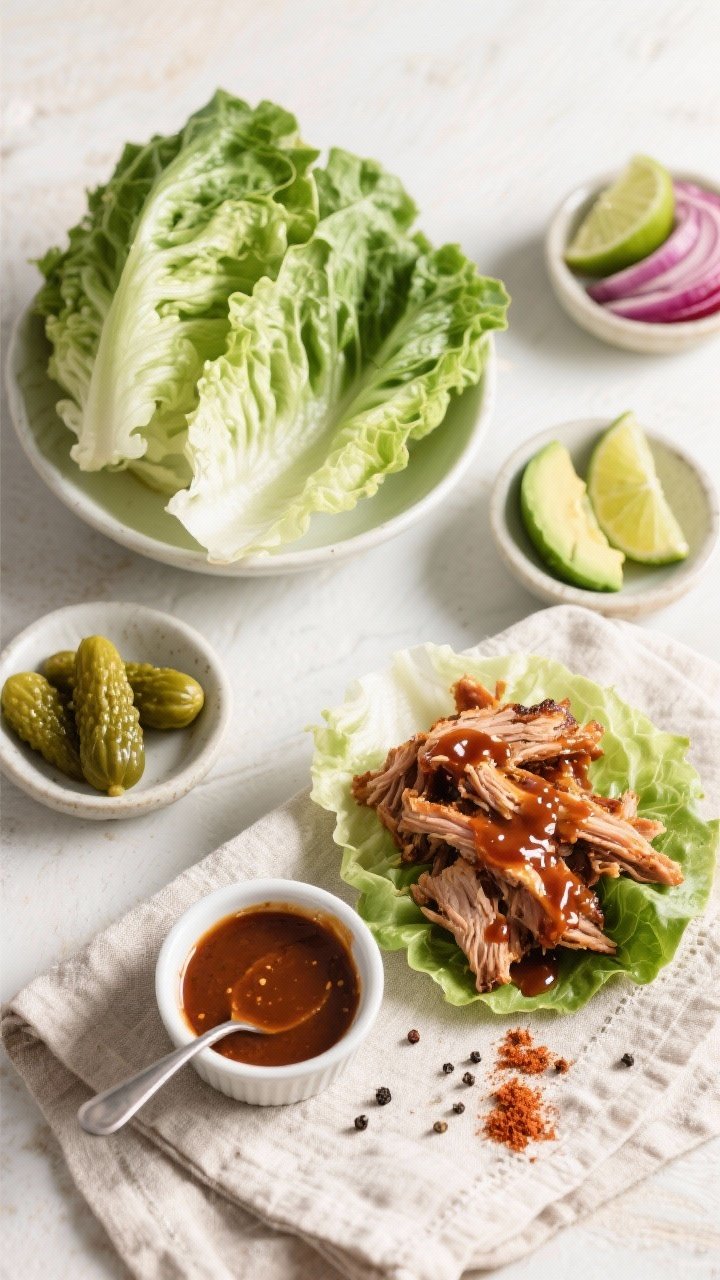 Overhead top-down spread: Tasty top view of a build-your-own lettuce wrap scene—neatly separated r