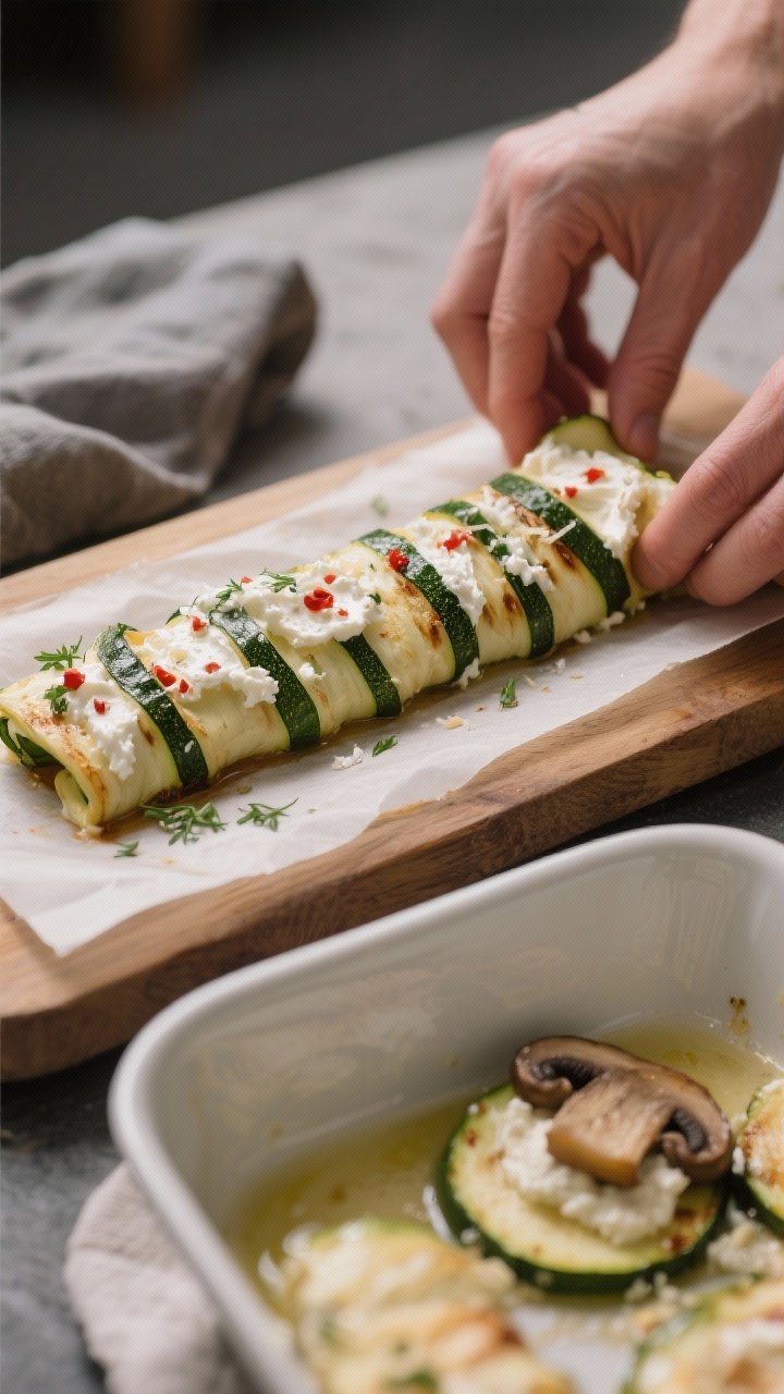 Process action shot focused on assembly: a parchment-lined board with pliable roasted zucchini plank