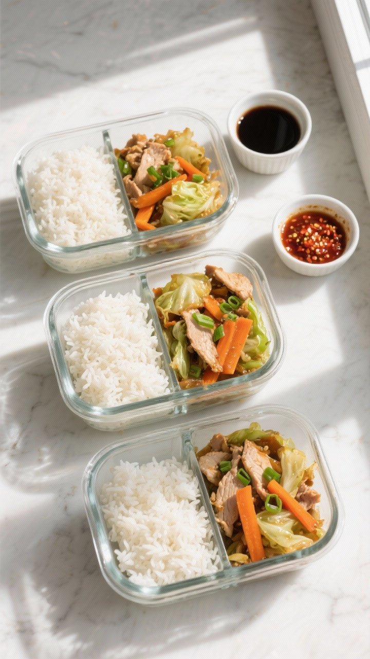 Tasty of meal-prep containers: overhead shot of three rectangular glass containers, half filled with