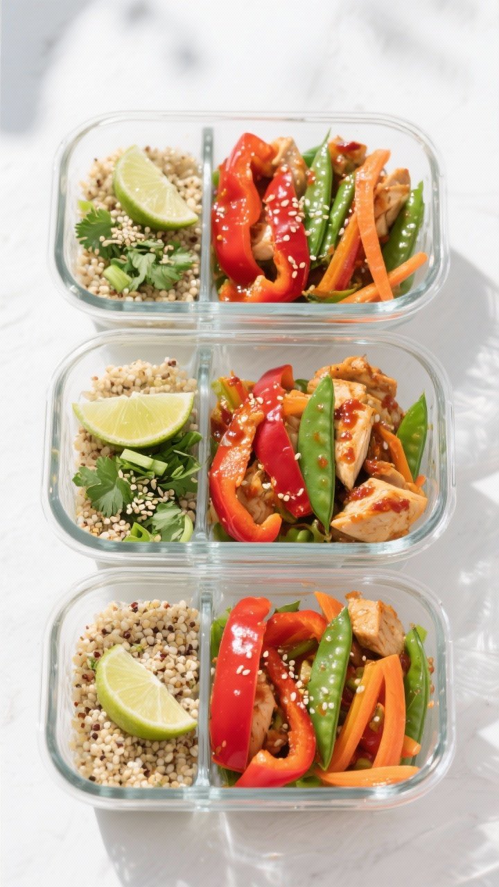 Tasty overhead meal-prep view: Top-down shot of three airtight glass containers filled half with qui