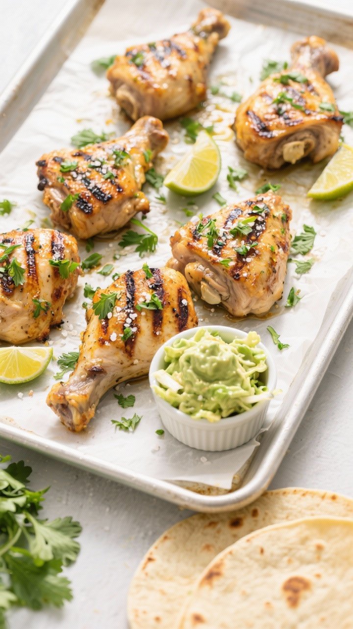 Tasty : Overhead shot of grilled cilantro lime chicken thighs with defined grill marks arranged on a