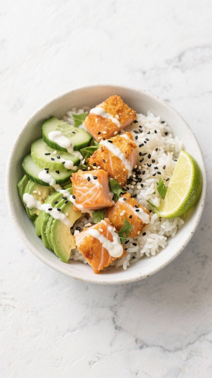 Tasty top-down bowl shot: Overhead view of a weeknight rice bowl topped with golden, crispy salmon b