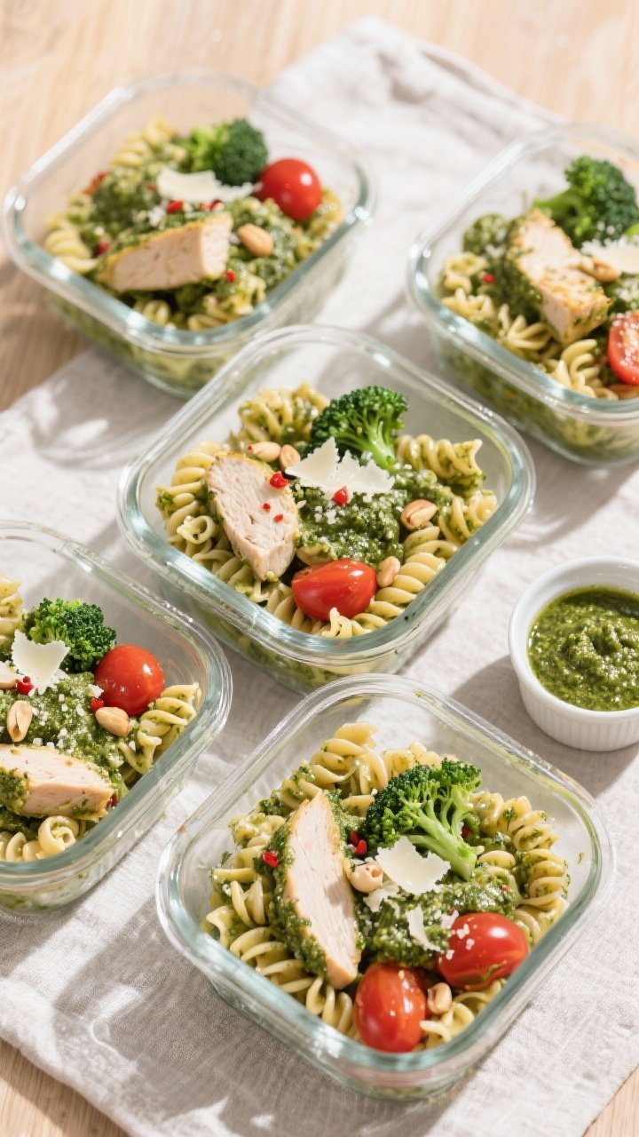 Tasty top-down meal prep: Overhead shot of four airtight glass containers neatly filled with pesto c