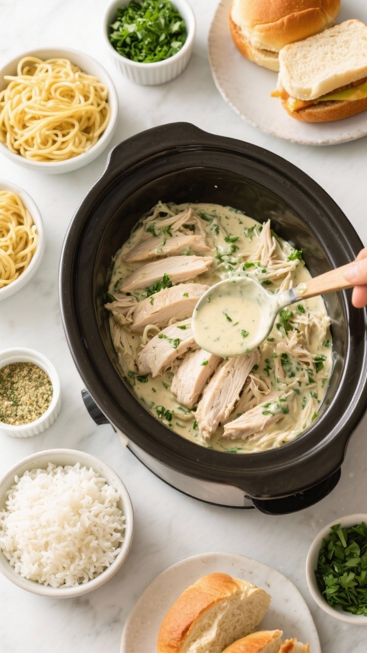 Tasty top-down spread, weeknight serving options: Overhead shot of a family-style scene with the slo