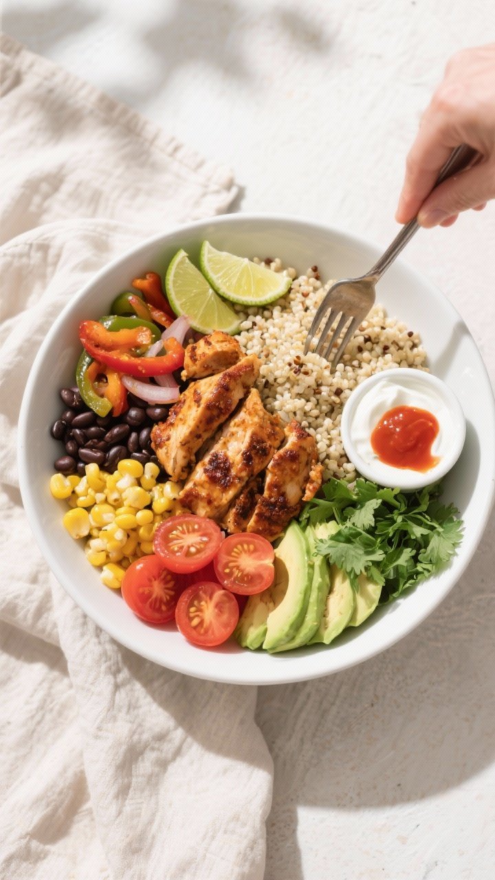 Tasty top view, build-your-bowl moment: Overhead shot of a Cajun Chicken and Quinoa Bowl being assem