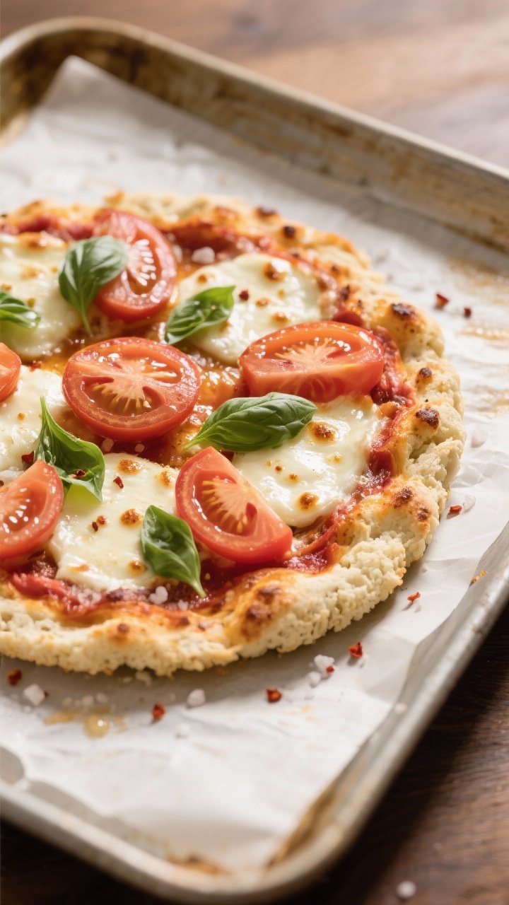 Tasty top view, final bake: Overhead shot of Cauliflower Crust Margherita Pizza just out of the oven