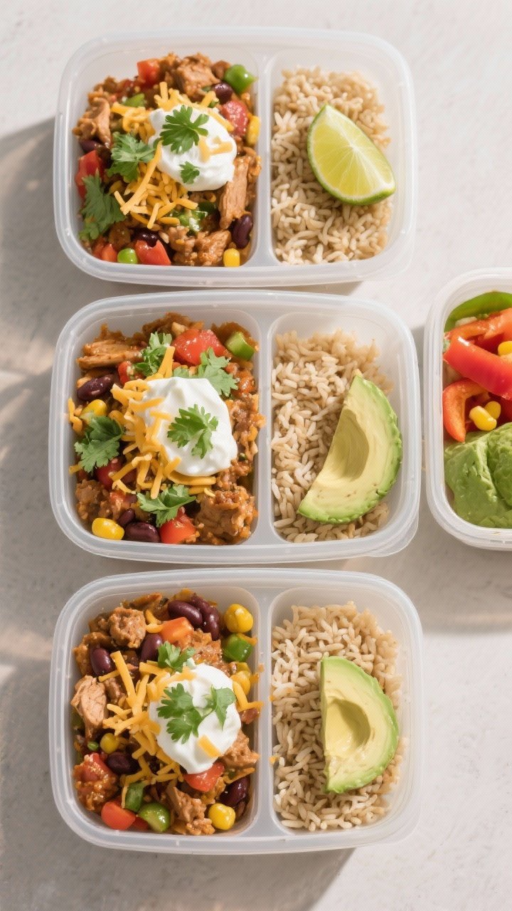 Tasty top view final dish: Overhead shot of a meal-prep container quartet filled with the turkey tac