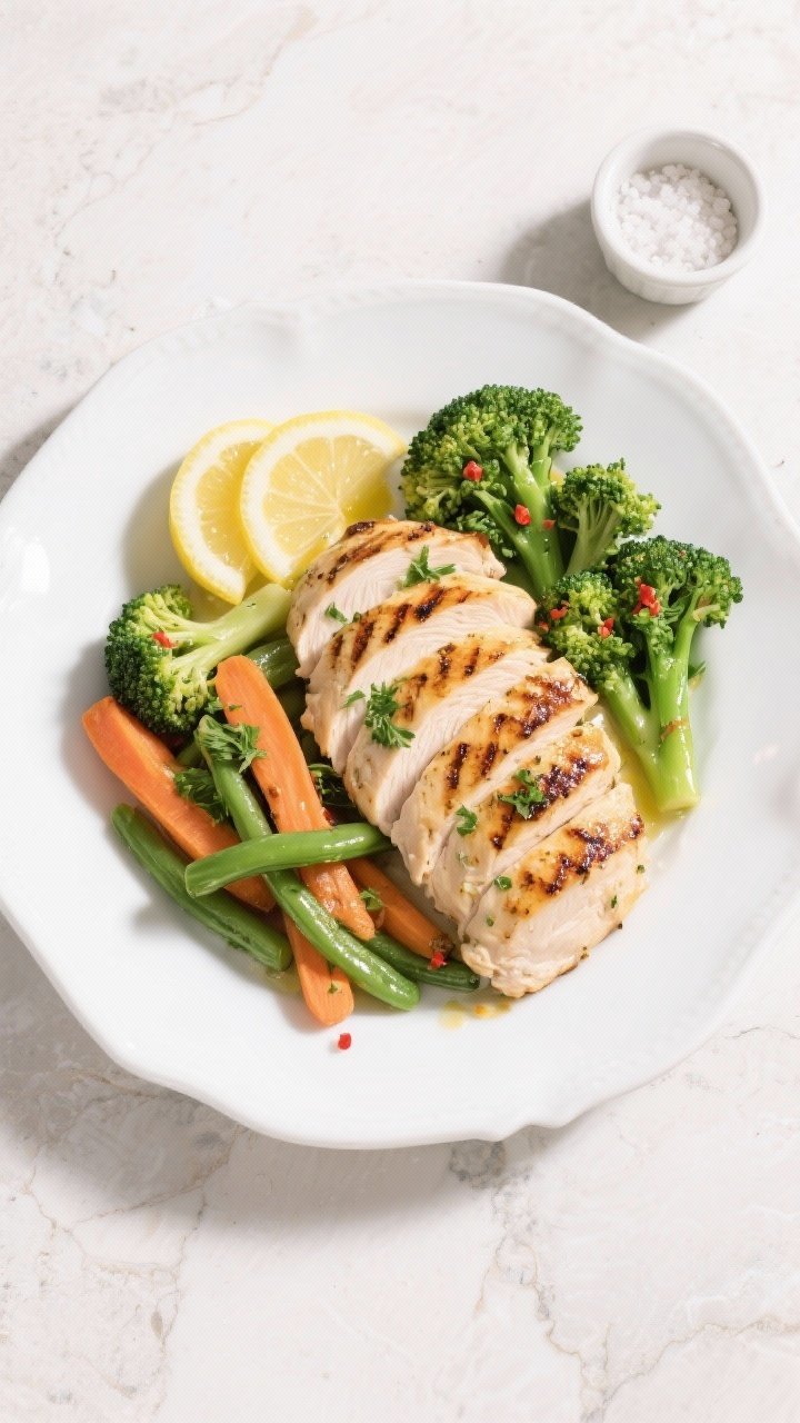Tasty top view final dish: Overhead shot of a plated Grilled Lemon Herb Chicken with Steamed Veggies
