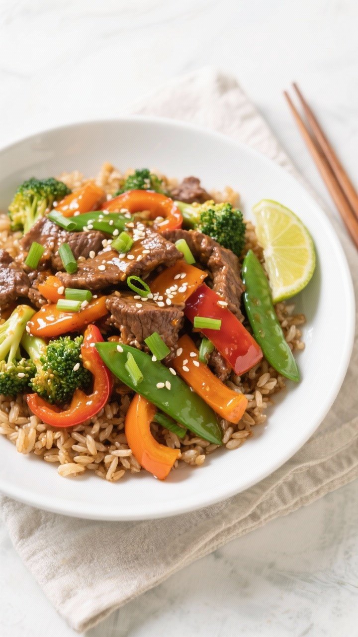 Tasty top view final dish: Overhead shot of Beef and Veggie Stir-Fry served over fluffy brown rice i