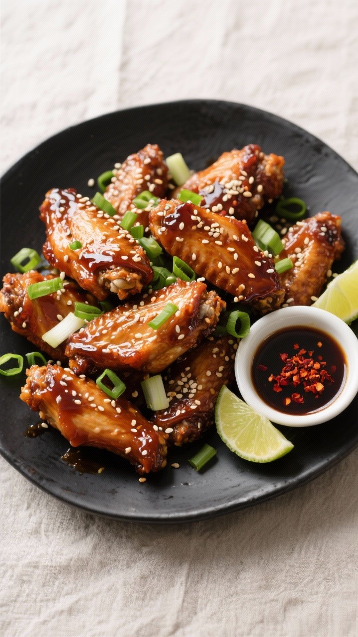 Tasty top view final dish: Overhead shot of Sticky Sesame Chicken Wings piled on a matte black platt