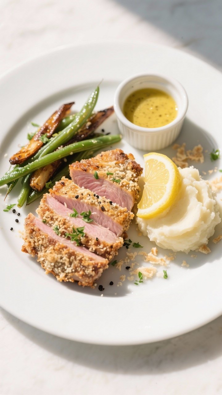Tasty top view final plate: Overhead shot of a finished Parmesan crusted pork chop sliced to show a 