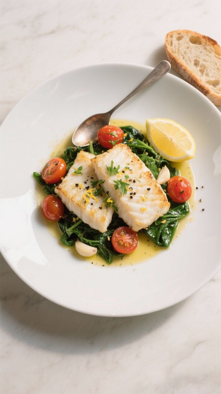 Tasty top view — Final plated dish: Overhead shot of Garlic Butter Cod with Spinach and Cherry Tom