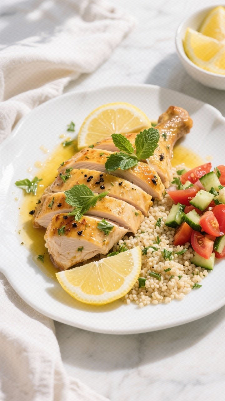 Tasty top view, final plated dish: Overhead shot of sliced lemon herb Mediterranean chicken arranged