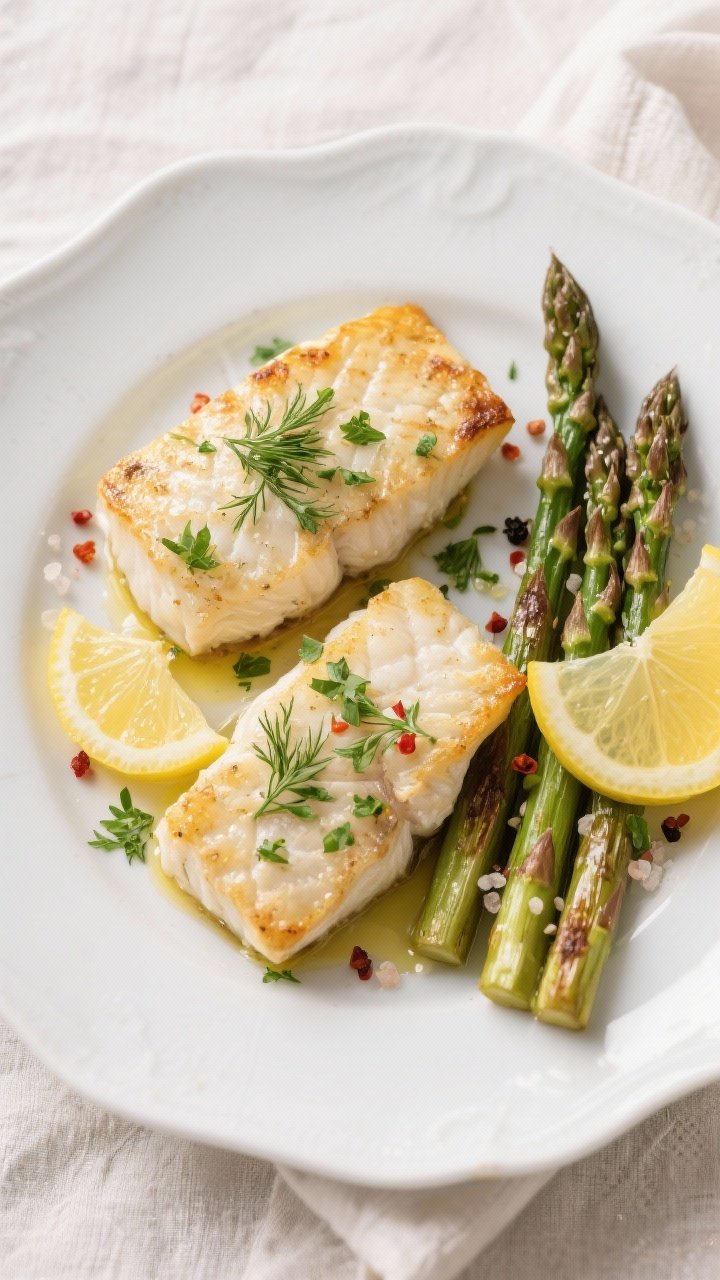 Tasty top view: Final plated Lemon Herb Baked Cod with Asparagus, overhead shot; two neatly arranged