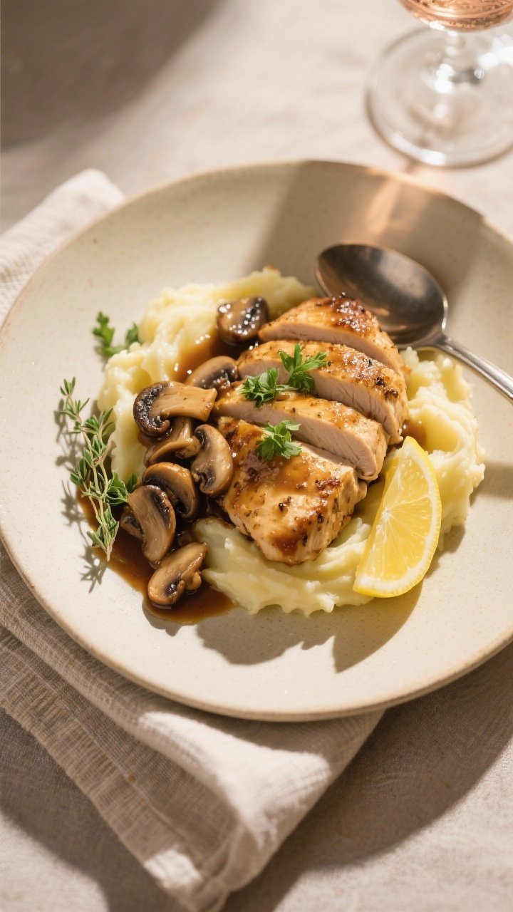 Tasty top view (final plated): Overhead shot of Chicken Marsala served over buttery mashed potatoes,