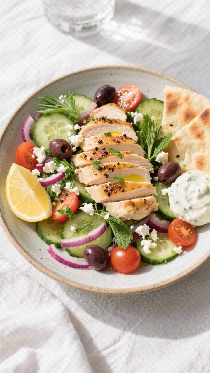 Tasty top view (final plated): Overhead shot of Greek chicken with cucumber feta salad arranged on a