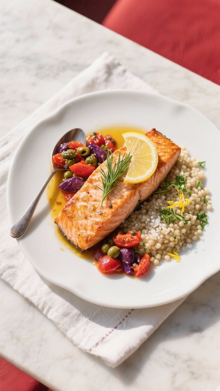 Tasty top view final presentation: Overhead shot of beautifully plated Mediterranean baked salmon on