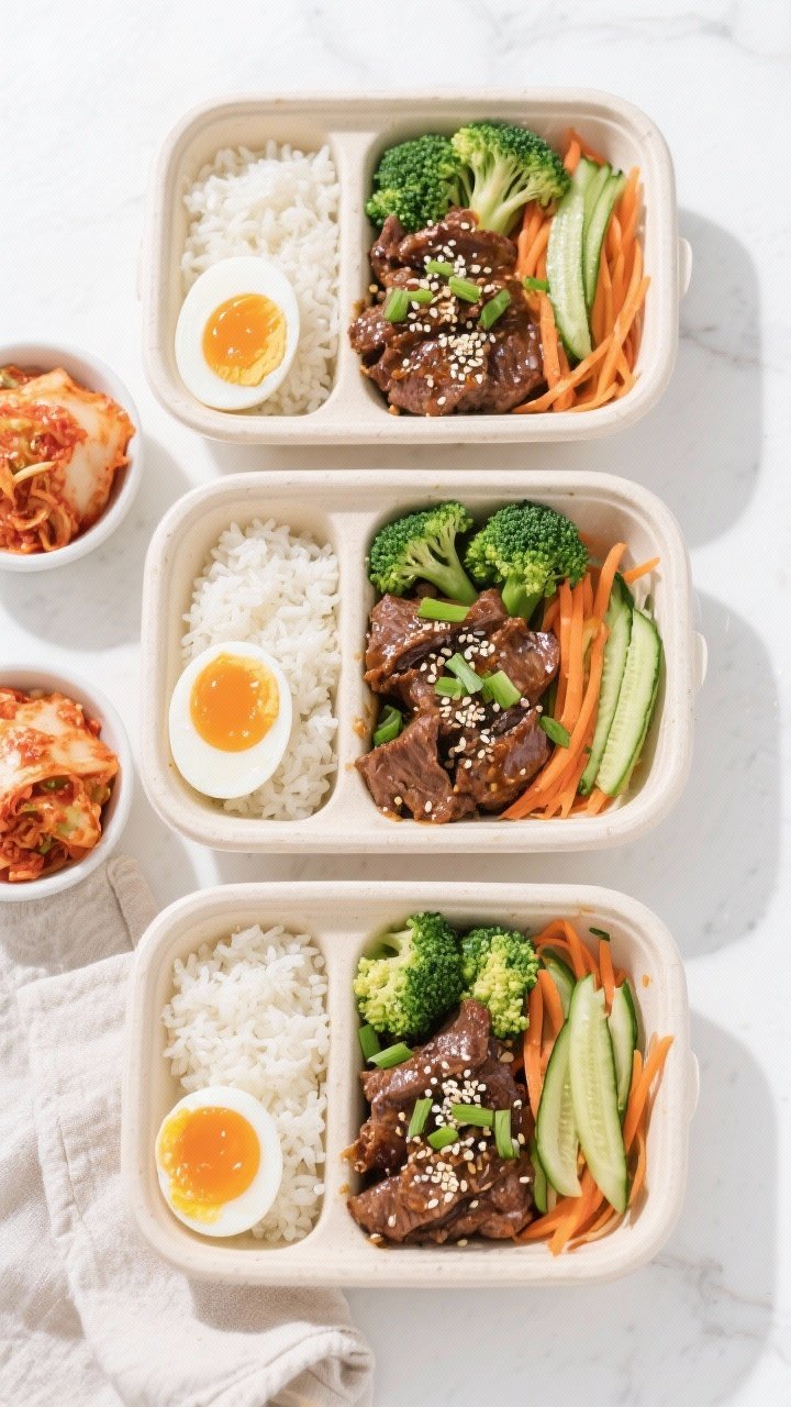 Tasty top view (meal-prep layout): Overhead shot of four neatly arranged meal-prep containers, each 