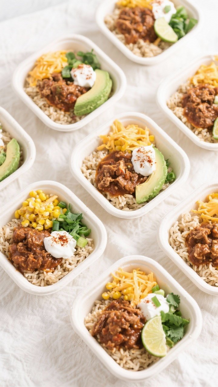 Tasty top view meal prep spread: Overhead shot of six meal prep bowls neatly arranged, each with a b