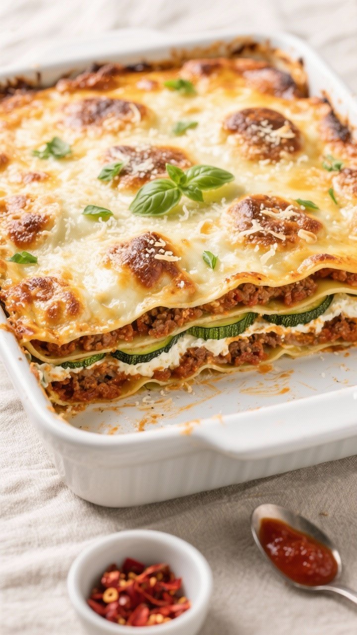 Tasty top view, overhead bake: Overhead shot of the finished keto zucchini lasagna just out of the o