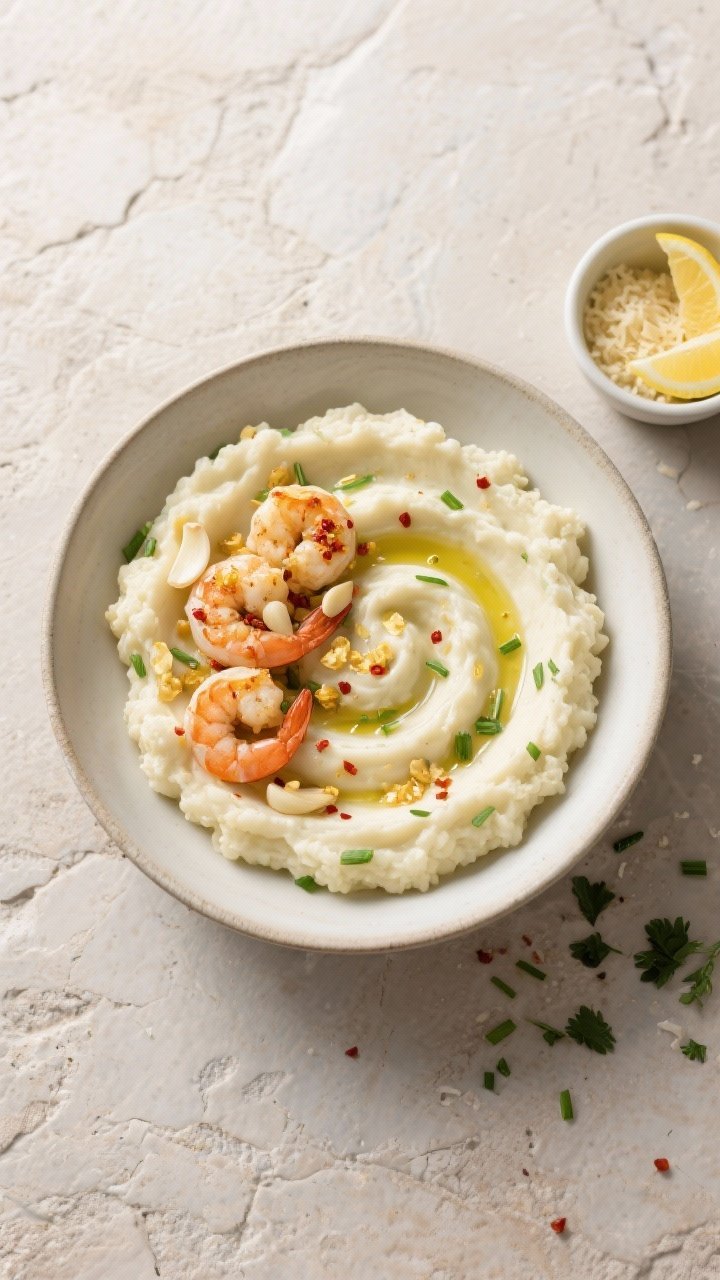 Tasty top view, overhead composition: Overhead shot of a shallow bowl filled with smooth cauliflower
