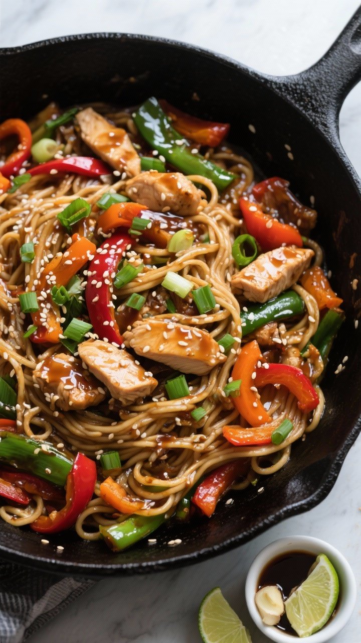 Tasty top view, overhead family-style: Overhead shot of Chicken Veggie Stir-Fry tossed with chewy no