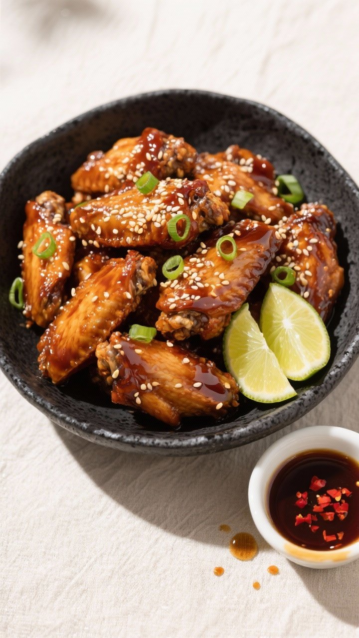 Tasty top view: Overhead hero shot of final plated Teriyaki Chicken Wings piled high in a shallow bl
