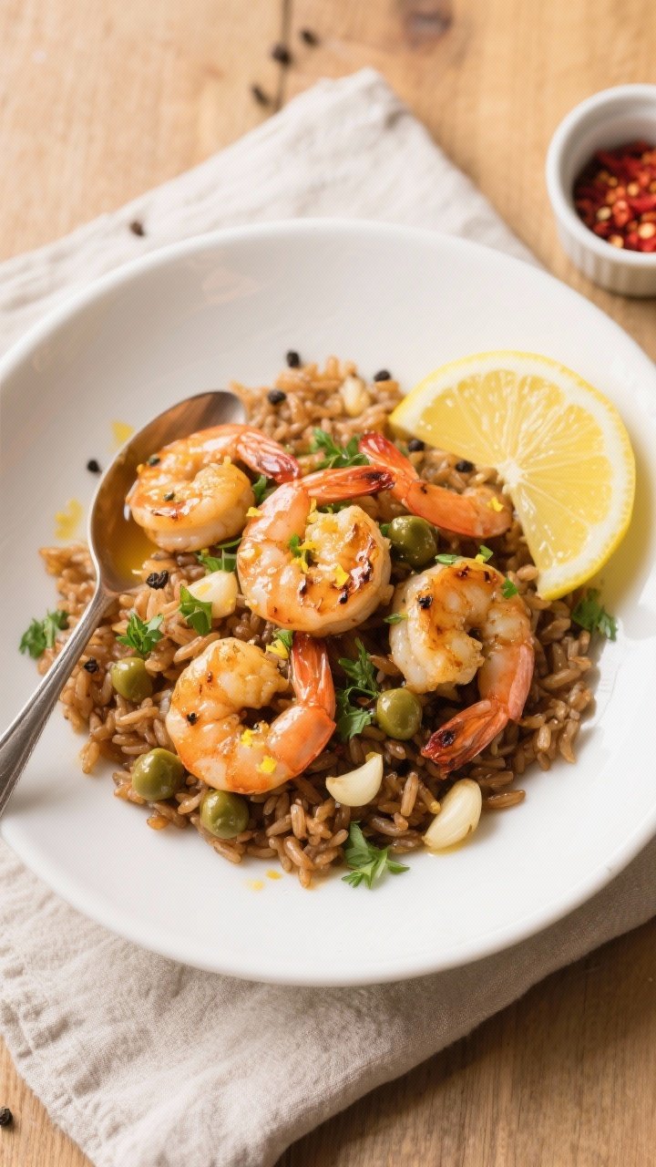 Tasty top view, overhead: Overhead shot of lemon garlic shrimp spooned over a bed of fluffy brown ri