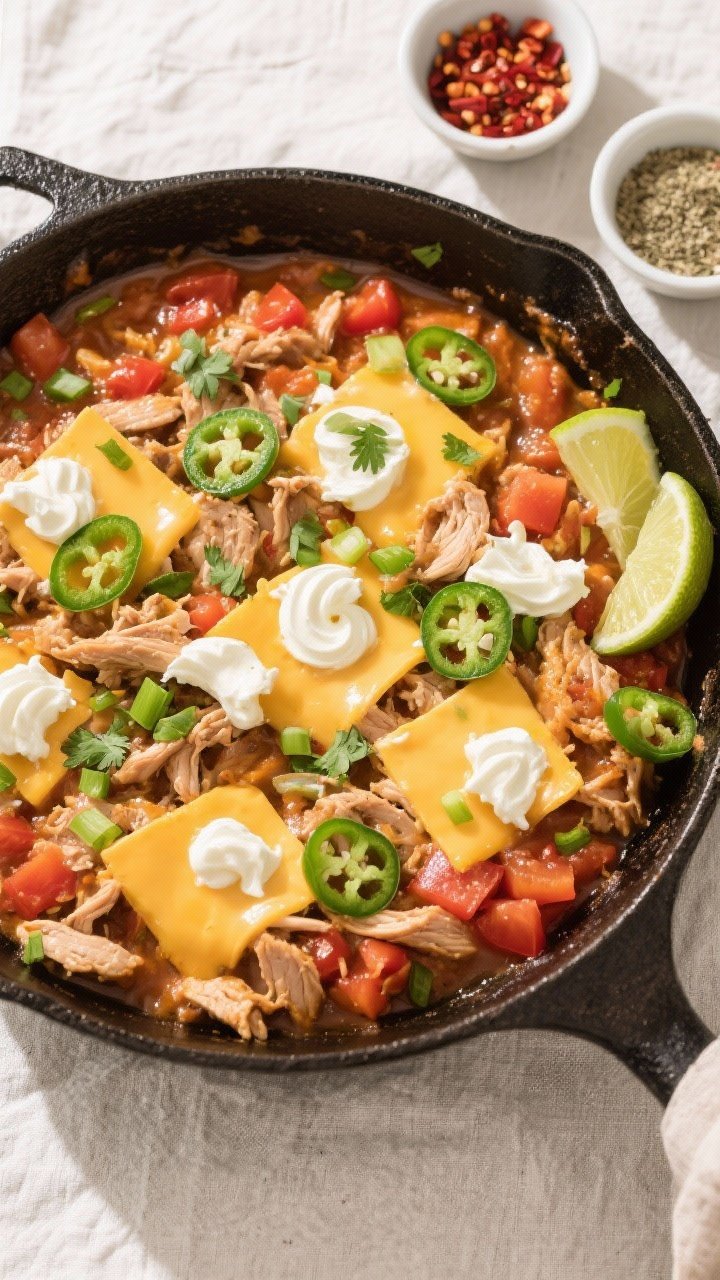 Tasty top view, overhead: Overhead shot of the finished turkey taco skillet slightly thickened from 