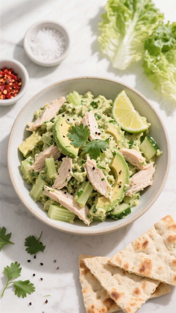 Tasty top view, overhead: Overhead shot of the finished avocado chicken salad in a wide, shallow bow