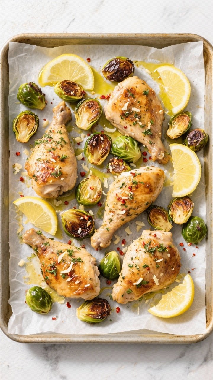 Tasty top view: Overhead sheet-pan shot of the finished meal—garlic herb–rubbed chicken and roas