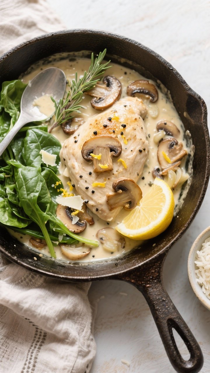 Tasty top view, overhead shot: Creamy mushroom chicken simmering in a skillet, chicken nestled into 
