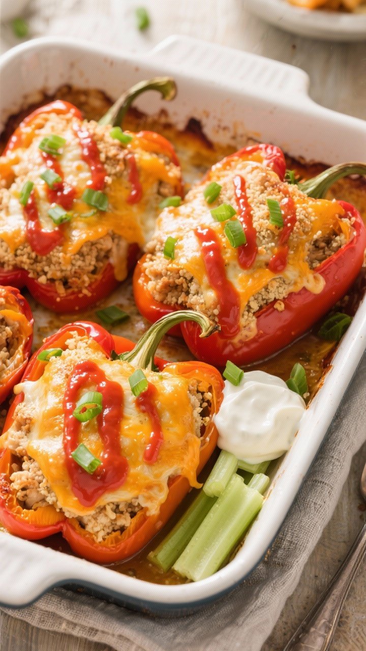 Tasty top view, overhead shot: Fully baked Buffalo Chicken Stuffed Peppers in the baking dish, chees