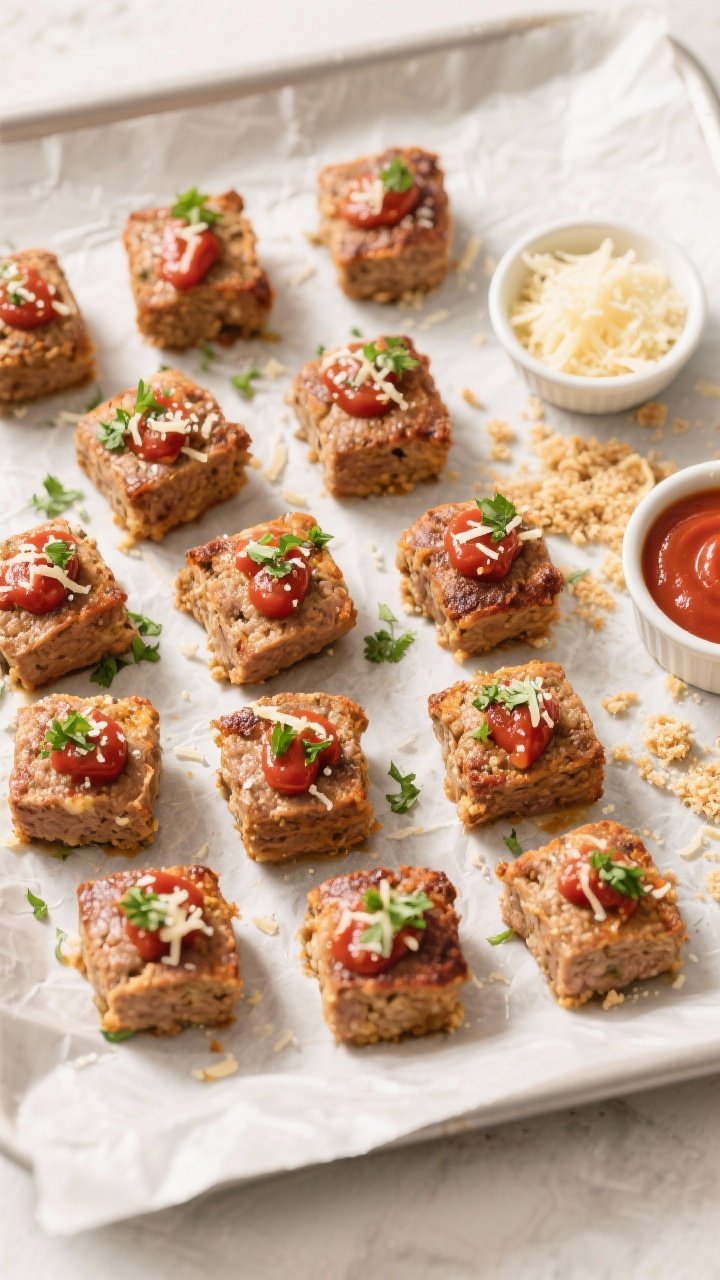 Tasty top view: Overhead shot of 10–12 baked meatloaf minis arranged on a parchment-lined sheet, e