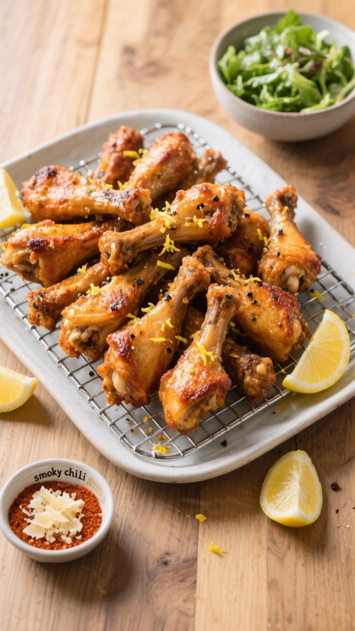 Tasty top view: Overhead shot of a family-style platter piled with deeply golden drumsticks, spaced 