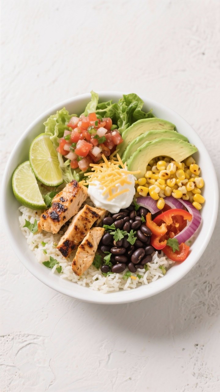 Tasty top view: Overhead shot of a fully assembled Chipotle Chicken Burrito Bowl—cilantro-lime ric