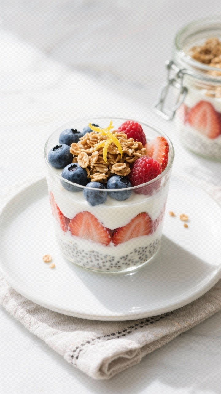 Tasty top view: Overhead shot of a fully layered High-Protein Greek Yogurt Parfait with mixed berrie