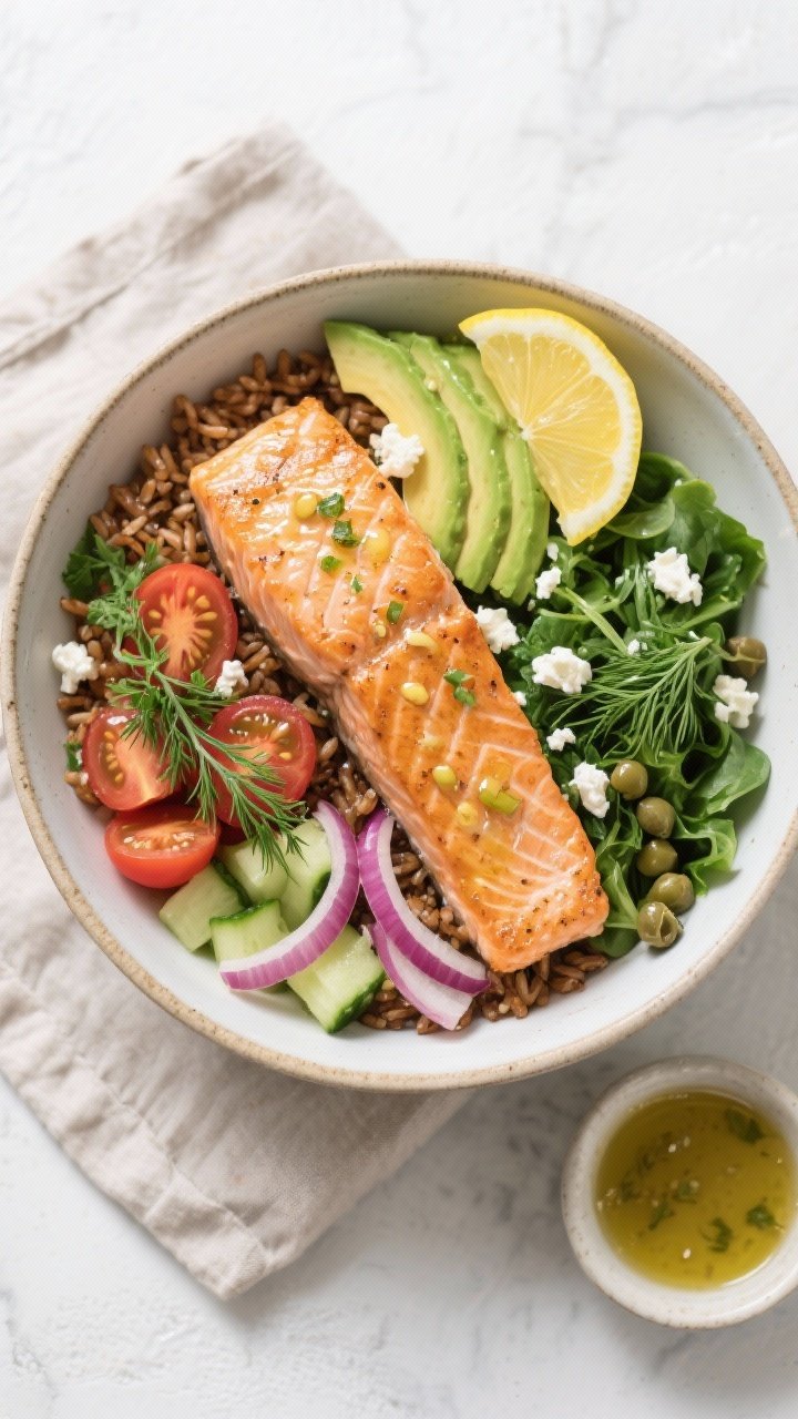 Tasty top view: Overhead shot of a Lemon Garlic Salmon Bowl assembled in a wide shallow ceramic bowl