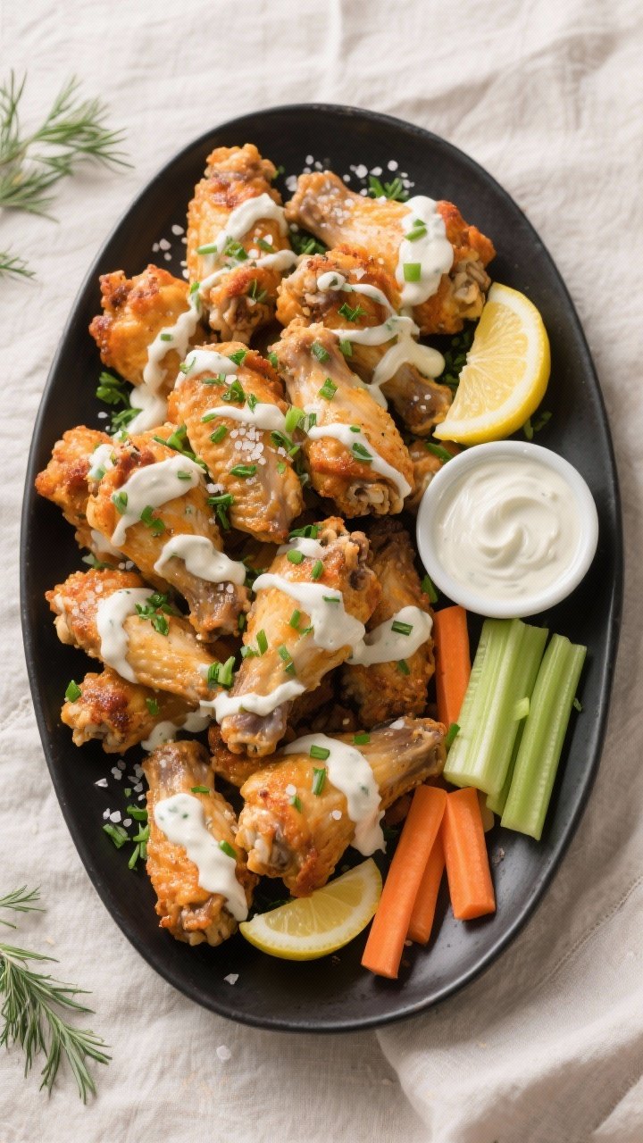Tasty top view: Overhead shot of a party-ready platter of Buttermilk Ranch Chicken Wings arranged in