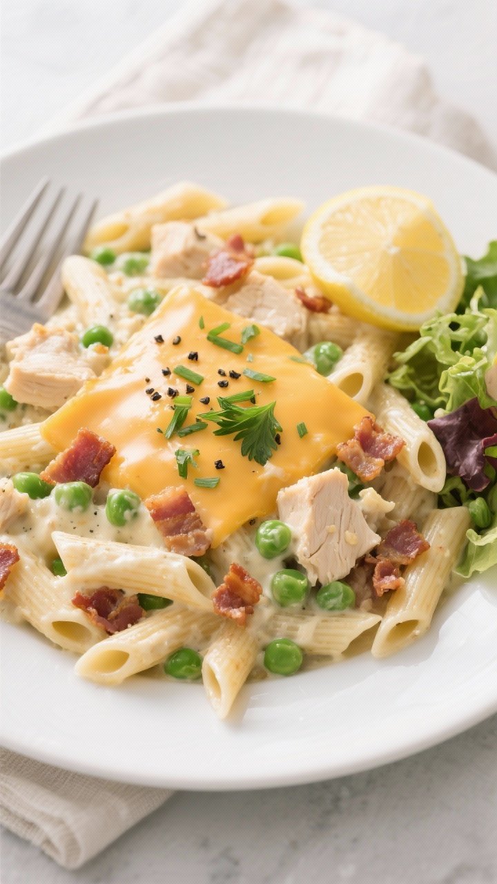 Tasty top view: Overhead shot of a plated serving of Chicken Bacon Ranch Casserole on a matte white 