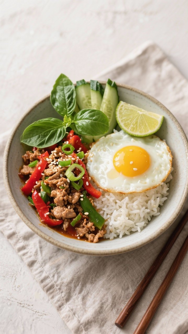 Tasty top view: Overhead shot of a Thai Basil Ground Turkey Bowl—fluffy jasmine rice on one side, 