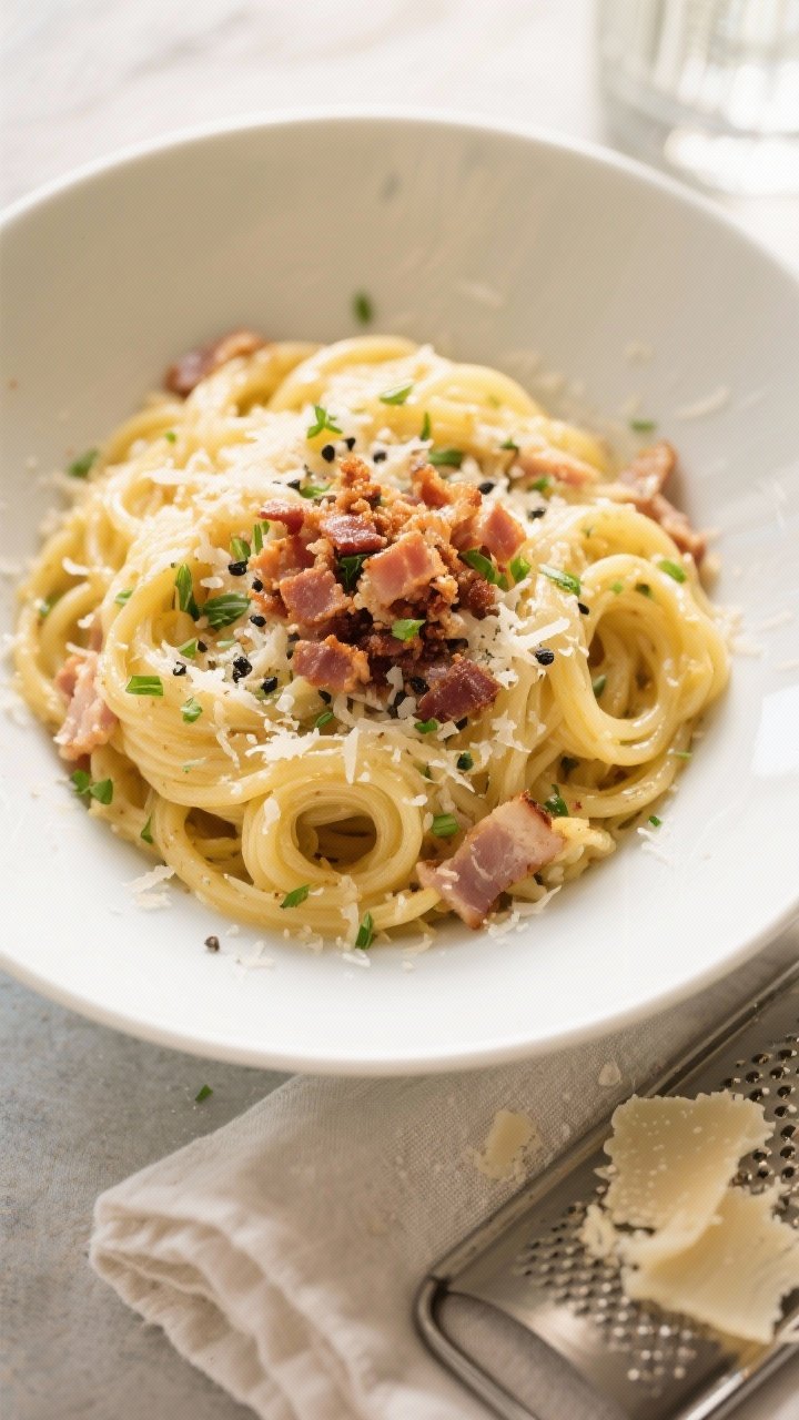 Tasty top view: Overhead shot of a wide, shallow white bowl filled with spaghetti squash carbonara, 