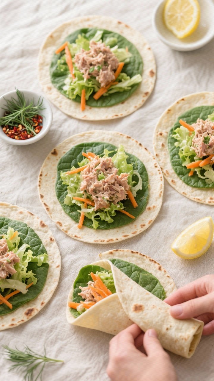 Tasty top view: Overhead shot of an assembly scene with four spinach tortillas laid out, each topped