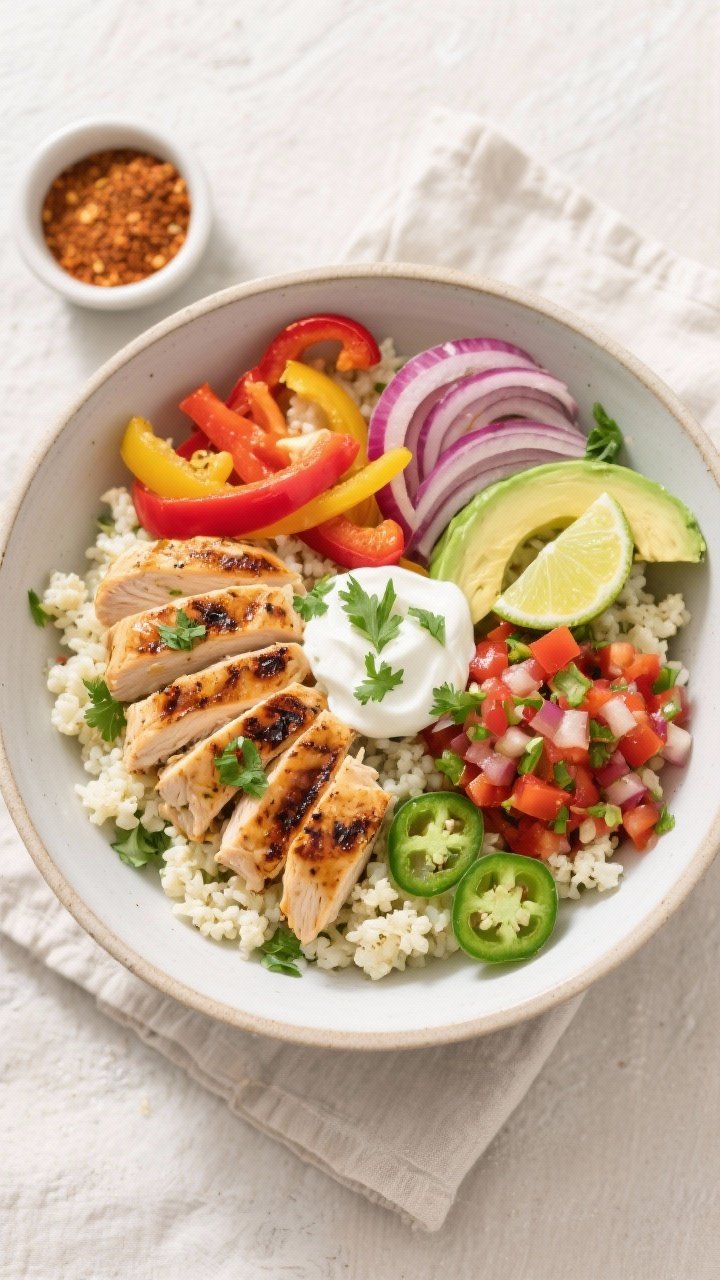 Tasty top view: Overhead shot of assembled Chicken Fajita Bowl with Cauliflower Rice in a wide shall